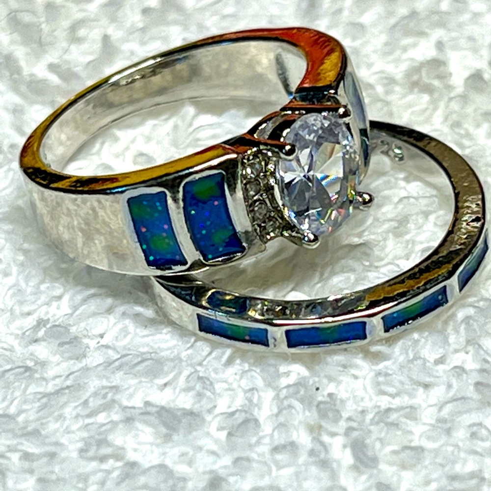 Set of rings, pair- imitation inlaid opal